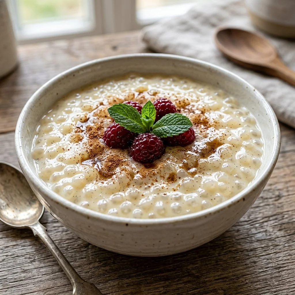 Bowl of creamy homemade tapioca pudding with toppings