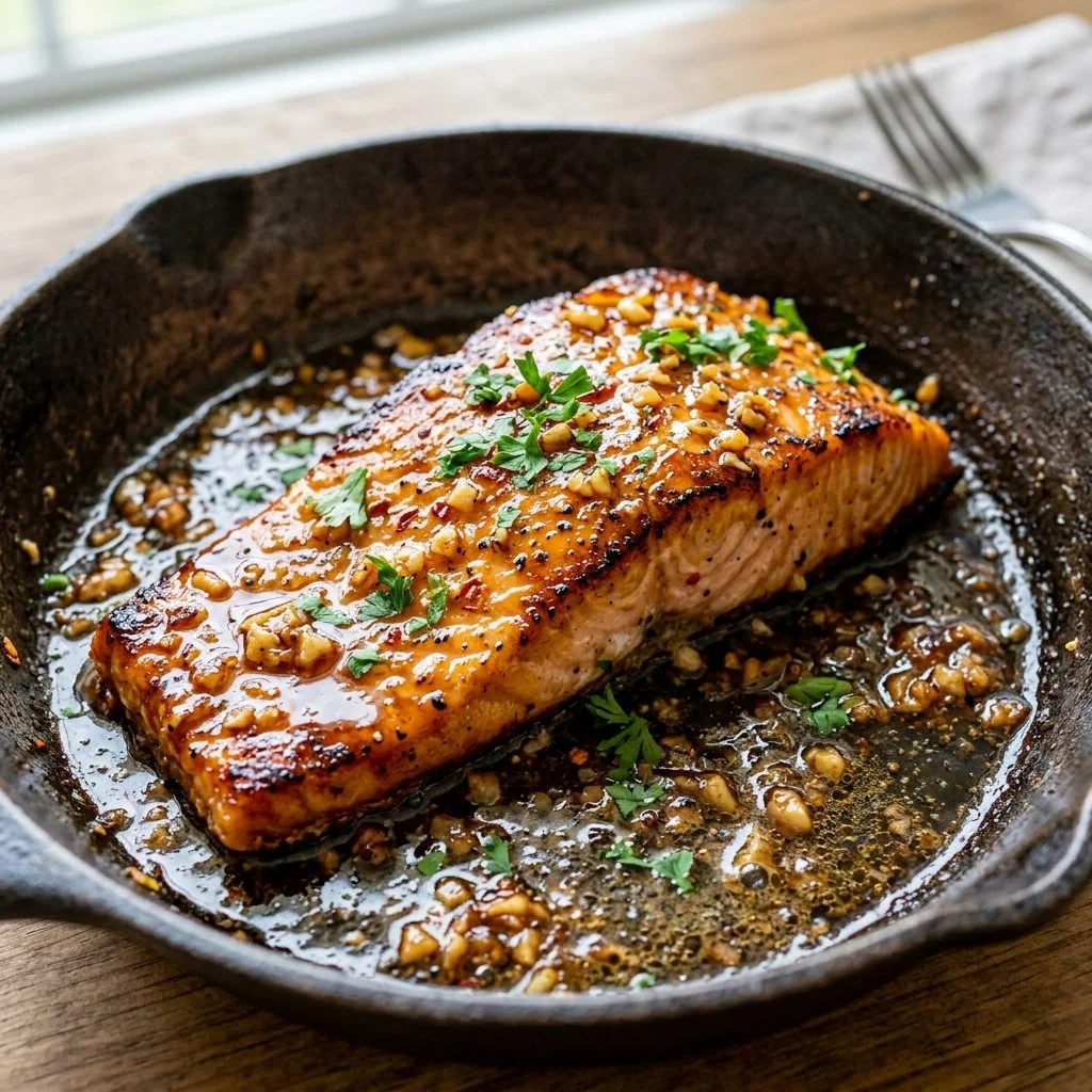 Delicious Honey Garlic Salmon dish garnished with herbs on a plate.