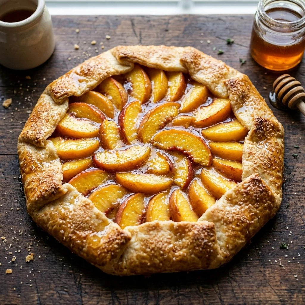 Freshly baked Honey Peach Galette with golden crust and juicy peaches