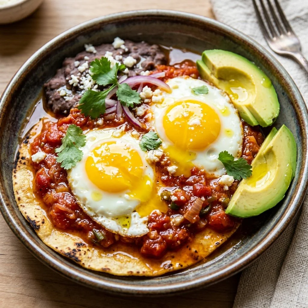 Delicious Huevos Rancheros with eggs, salsa, and tortillas on a plate.