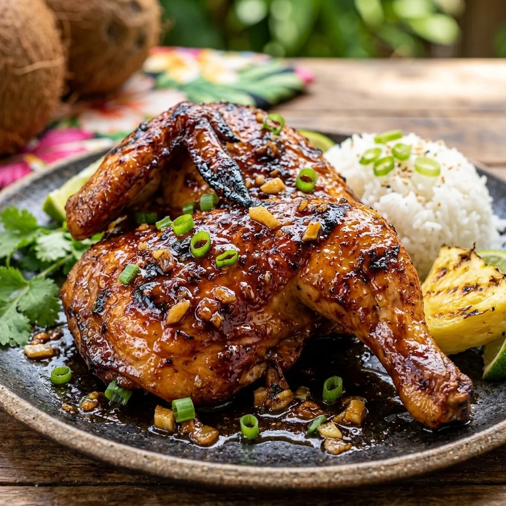 Grilled Huli Huli Chicken served on a plate with tropical garnishes