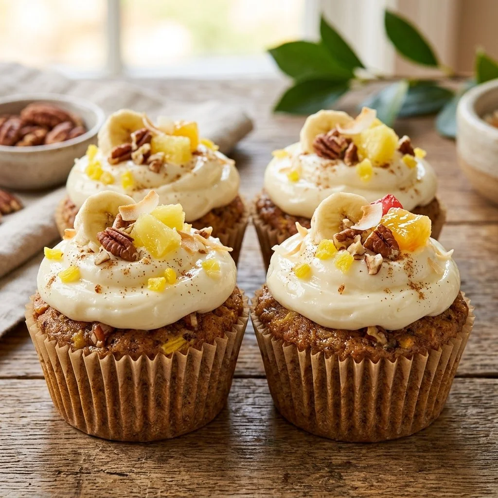 Delicious Hummingbird Cupcakes with banana, pineapple, and nuts topped with cream cheese frosting.