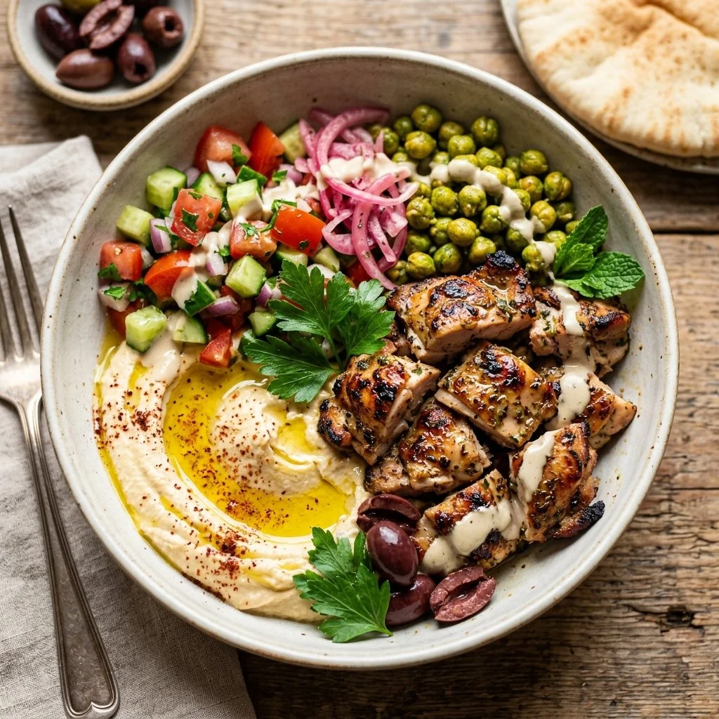 Healthy Hummus Chicken Bowls with fresh vegetables and spices