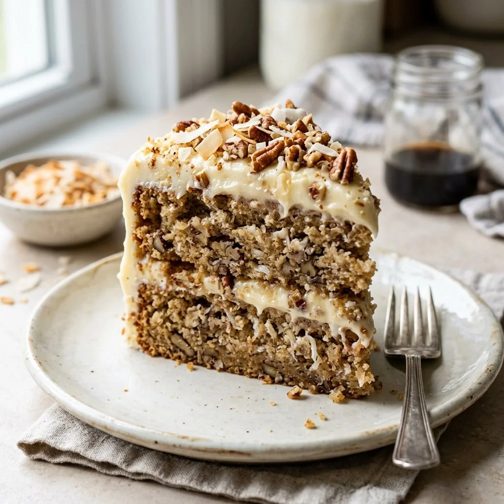 Delicious Italian Cream Cake with cream cheese frosting and coconut topping