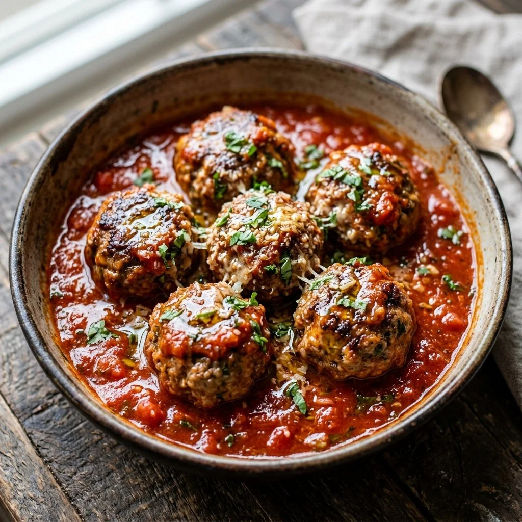 Delicious homemade Italian meatballs served with marinara sauce and spaghetti