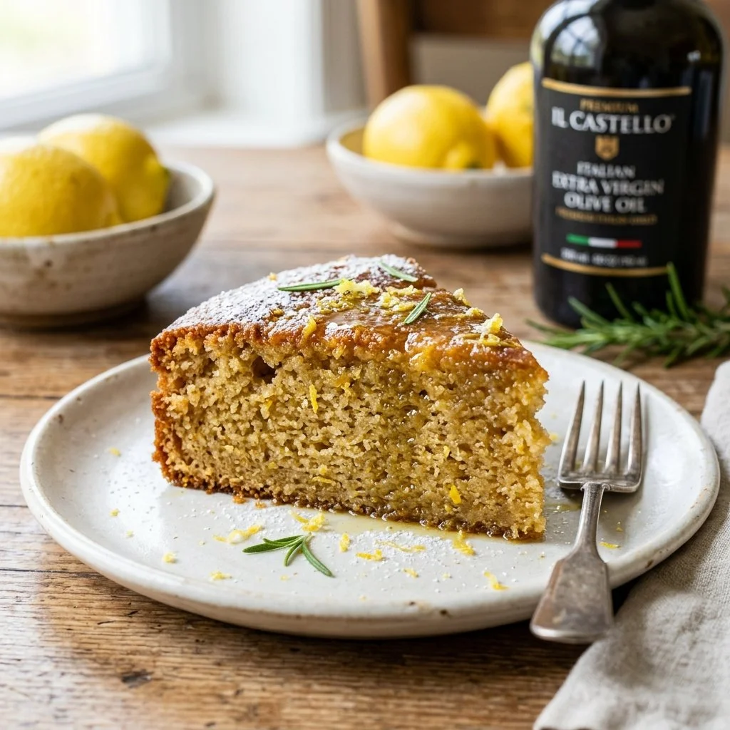 Slice of moist Italian olive oil cake with a light glaze and citrus zest