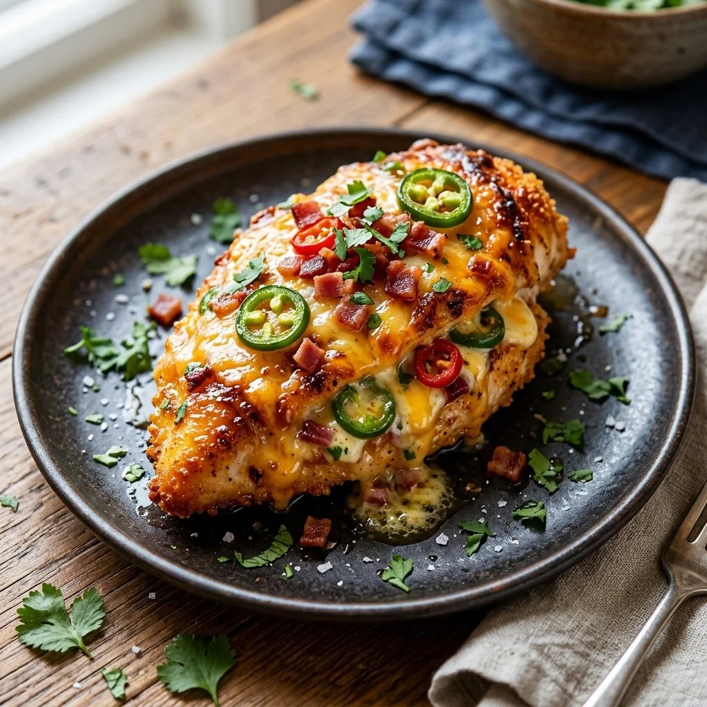 Delicious Jalapeno Popper Chicken topped with creamy cheese and jalapenos