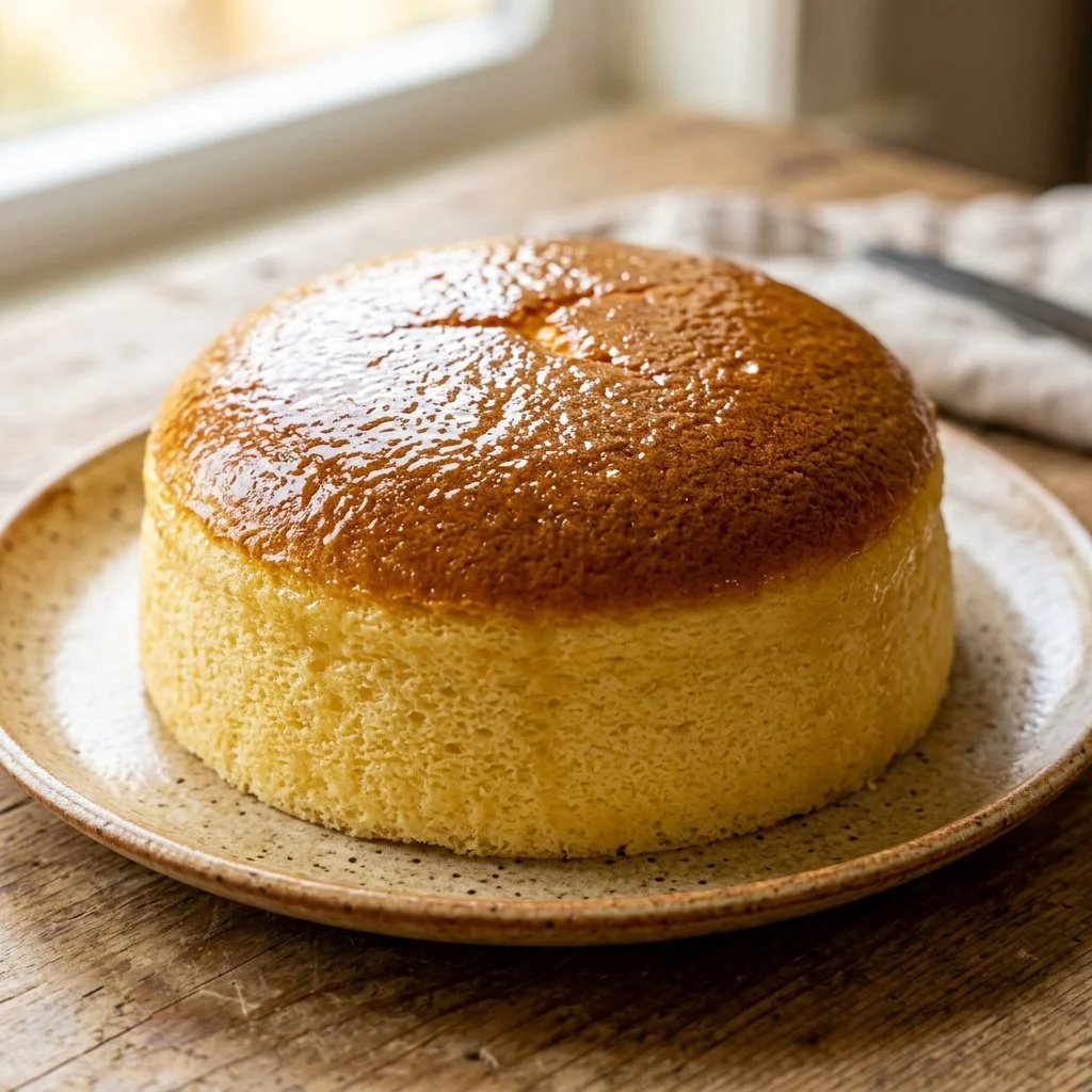 Fluffy and light Japanese cheesecake topped with fruit on a plate.