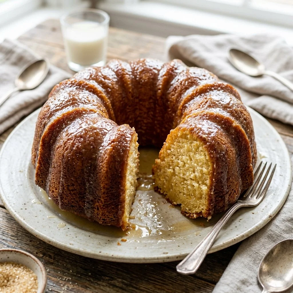 Delicious slice of Kentucky Butter Cake on a plate with a fork