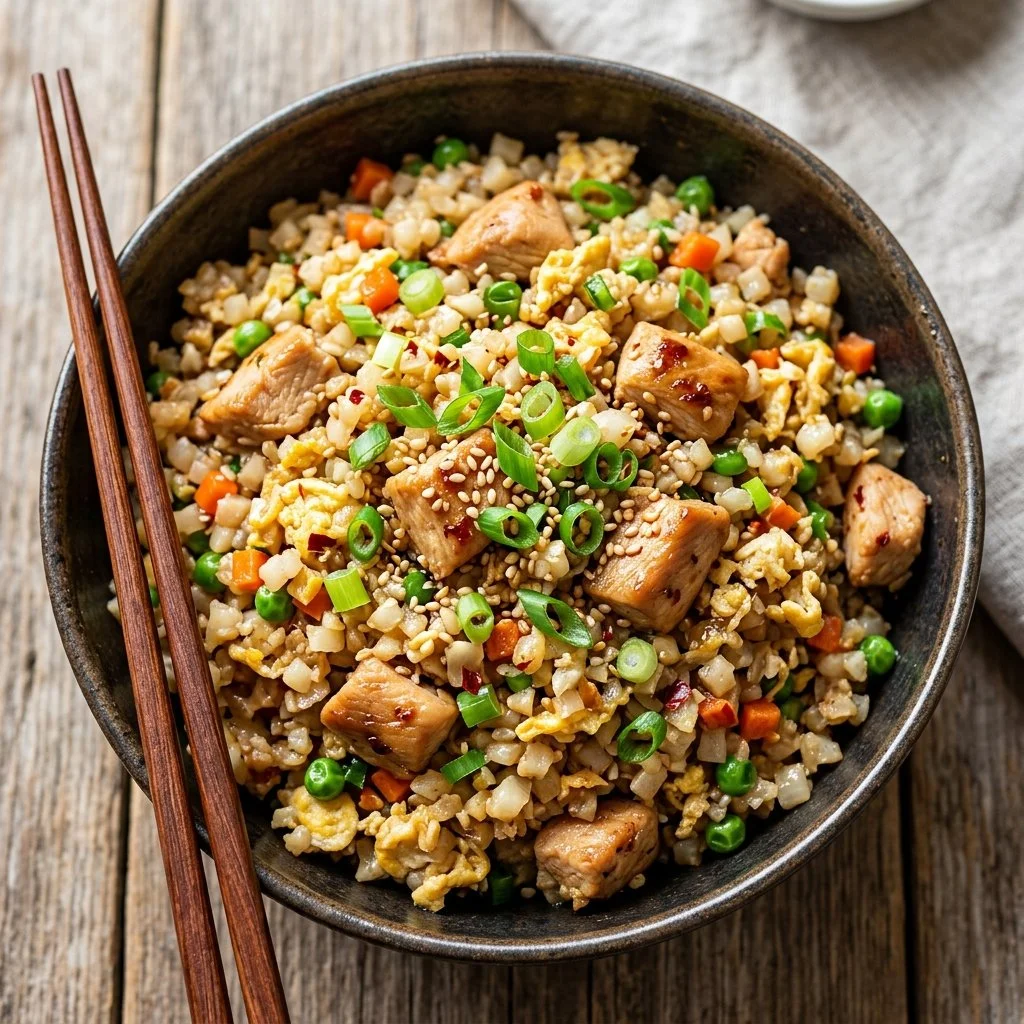 Bowl of Keto Chicken Fried Rice with colorful vegetables and chicken pieces