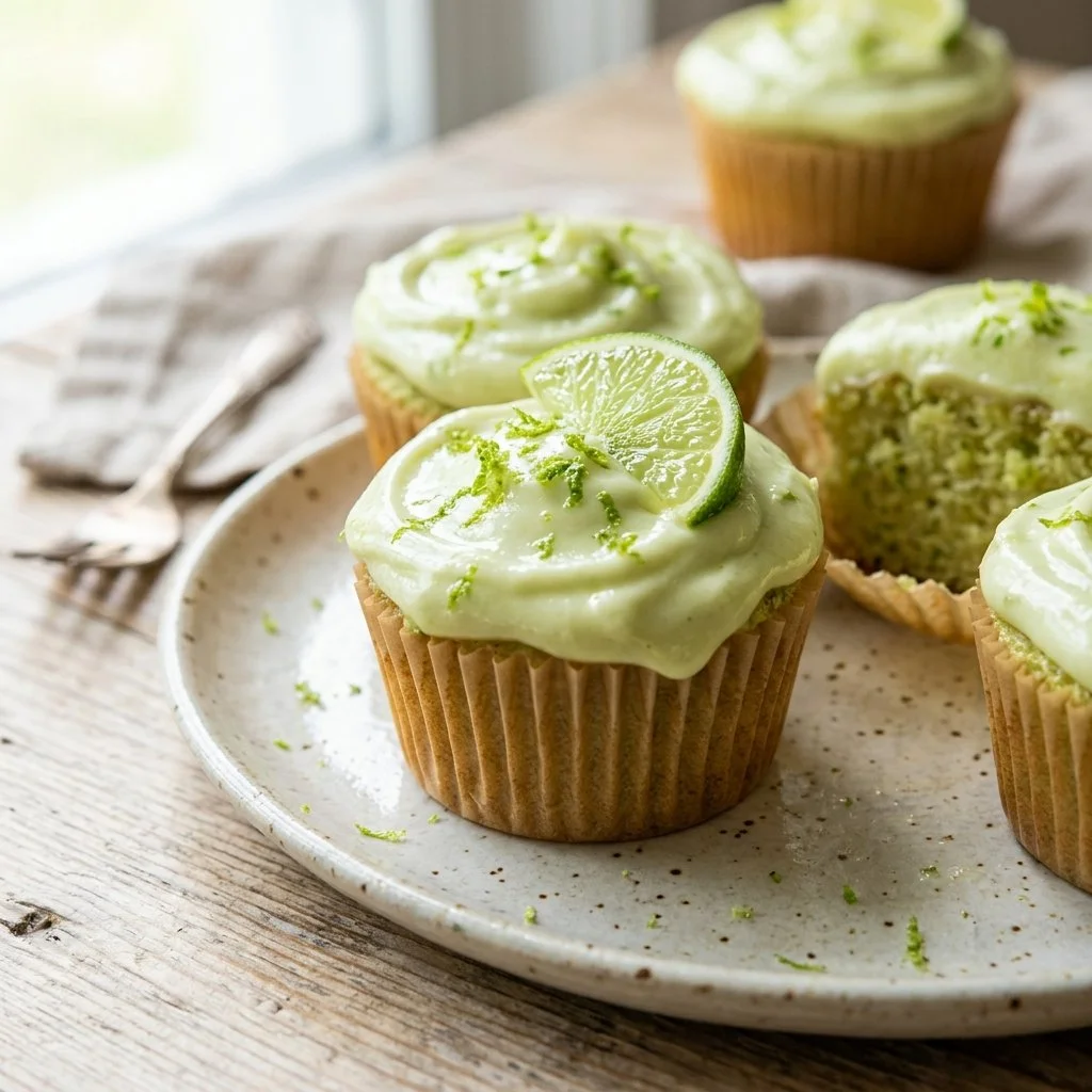 Delicious Key Lime Cupcakes with lime frosting on a decorative platter