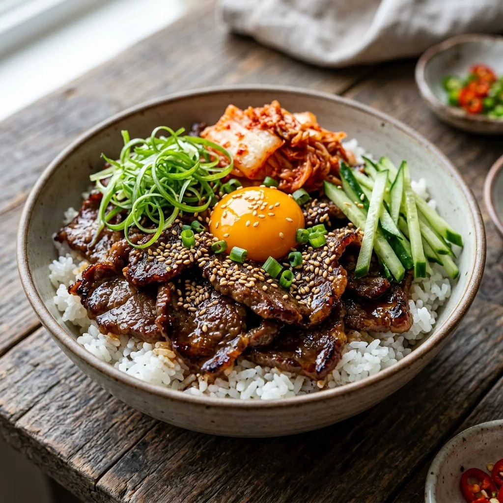 Delicious Korean beef bowls topped with vegetables and savory sauce