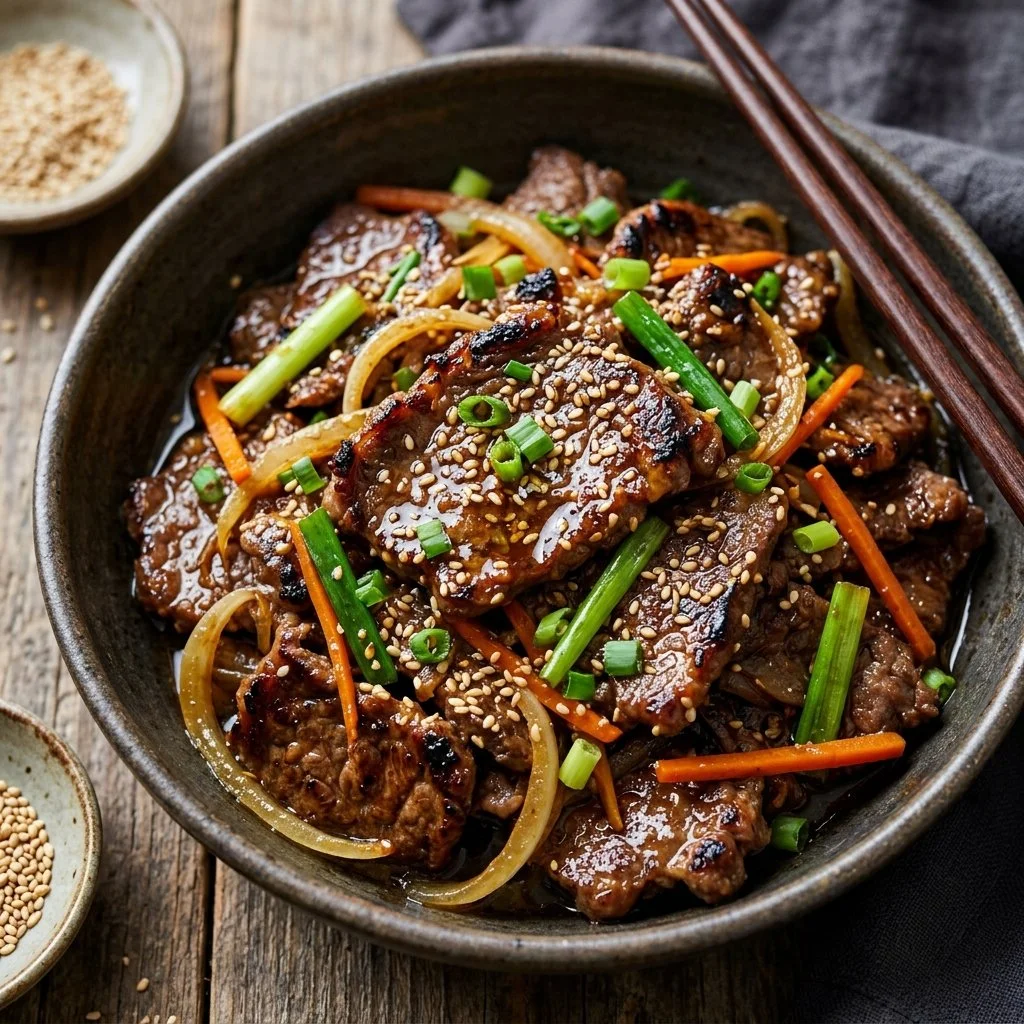 Delicious Korean Beef Bulgogi served with rice and vegetables