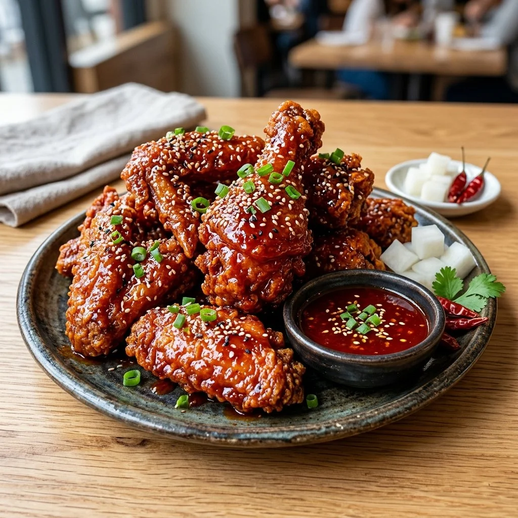 Deliciously crispy Korean Fried Chicken served with dipping sauce