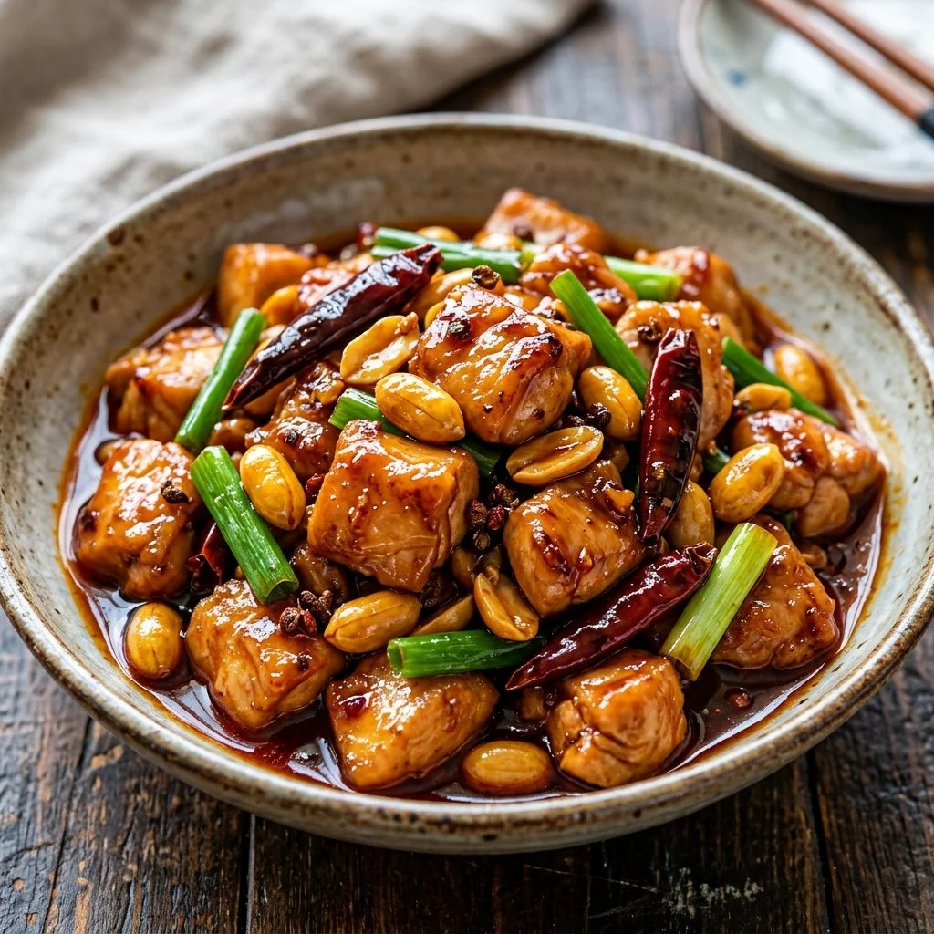 Delicious plate of Kung Pao Chicken garnished with peanuts and green onions