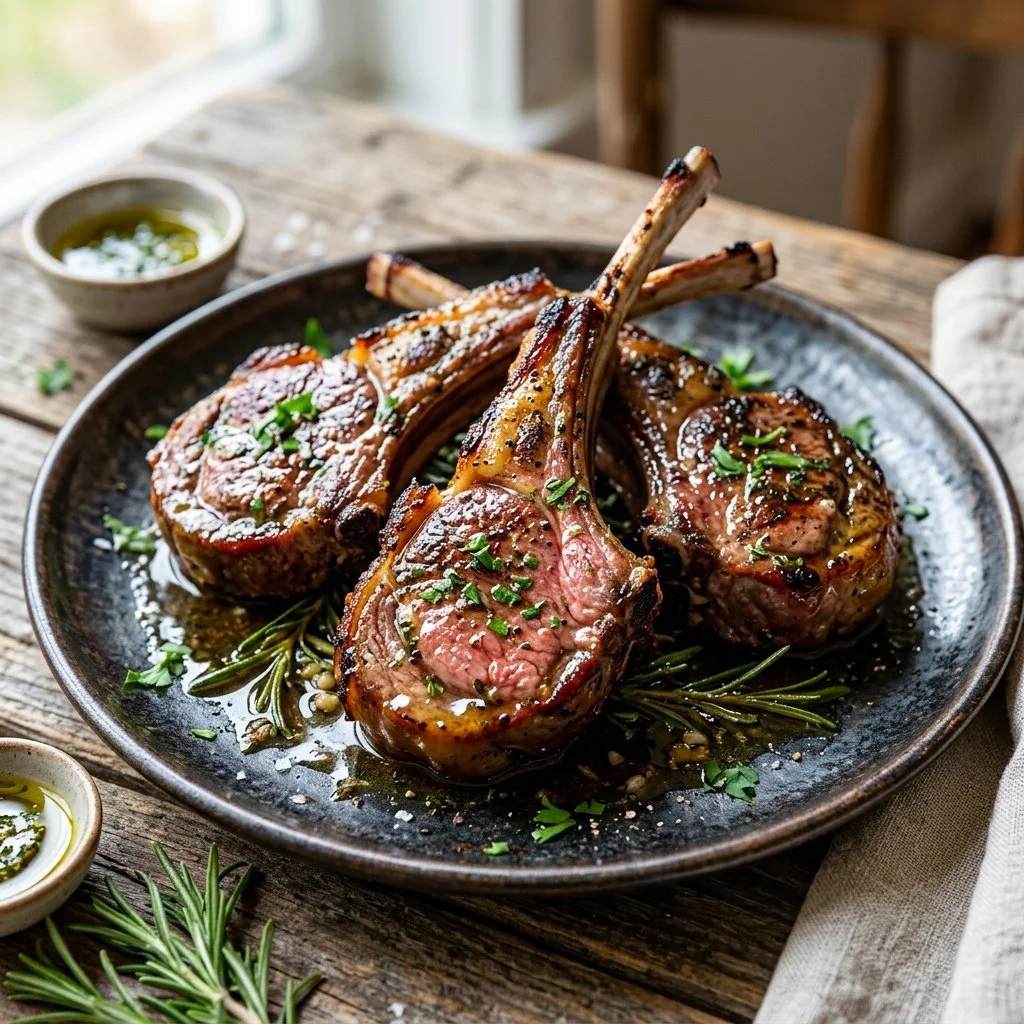 Deliciously grilled lamb chops served with herbs and vegetables