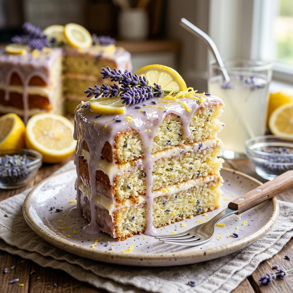 Slice of Lavender Lemonade Cake with lavender garnish