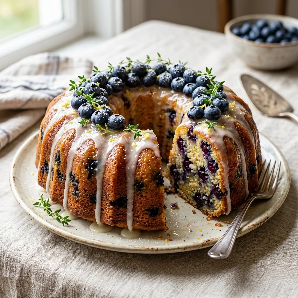 Lemon Blueberry Bundt Cake topped with lemon glaze and fresh blueberries.