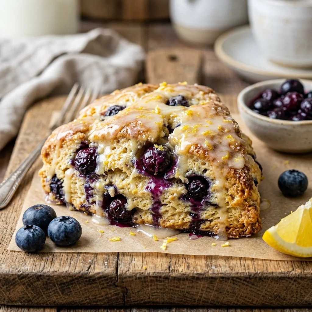 Freshly baked lemon blueberry scones on a rustic wooden table