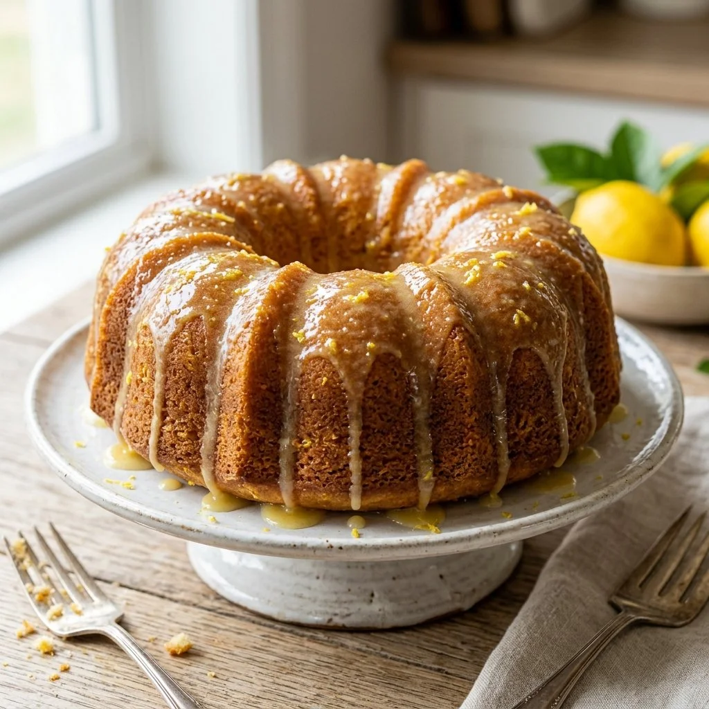 Delicious Lemon Bundt Cake decorated with lemon zest and icing on a serving plate.