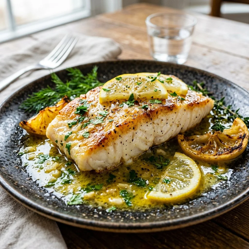 Lemon Butter Cod fillet garnished with lemon slices and herbs on a white plate