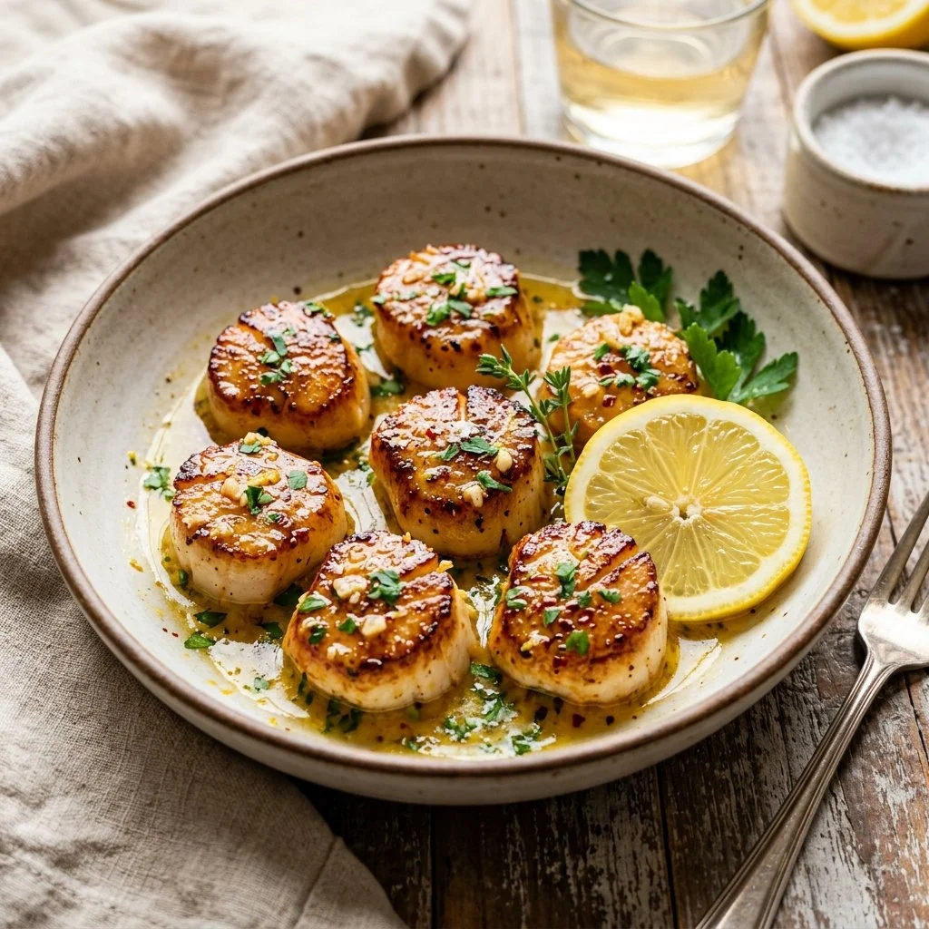 Deliciously cooked lemon butter scallops served on a plate