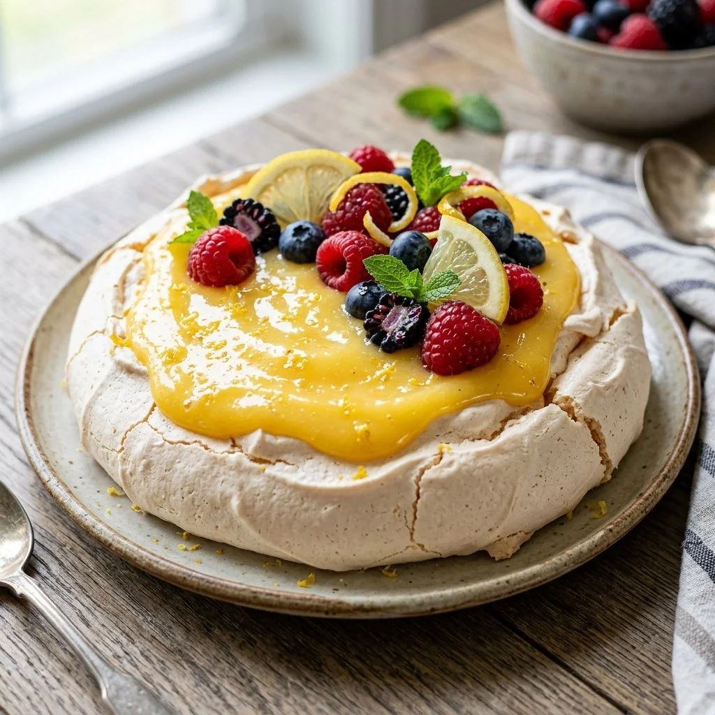 Lemon curd pavlova topped with fresh berries and citrus zest