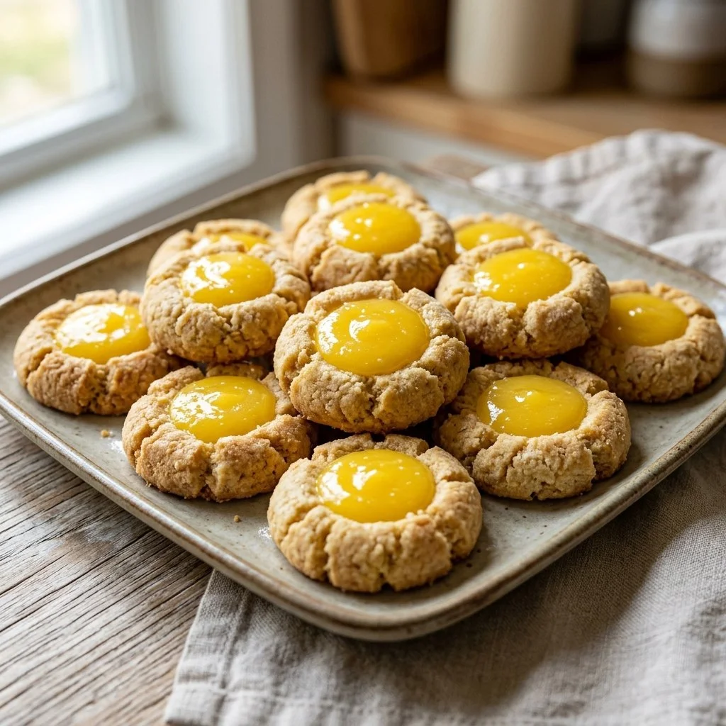 Lemon Curd Thumbprint Cookies topped with fresh lemon curd on a plate.