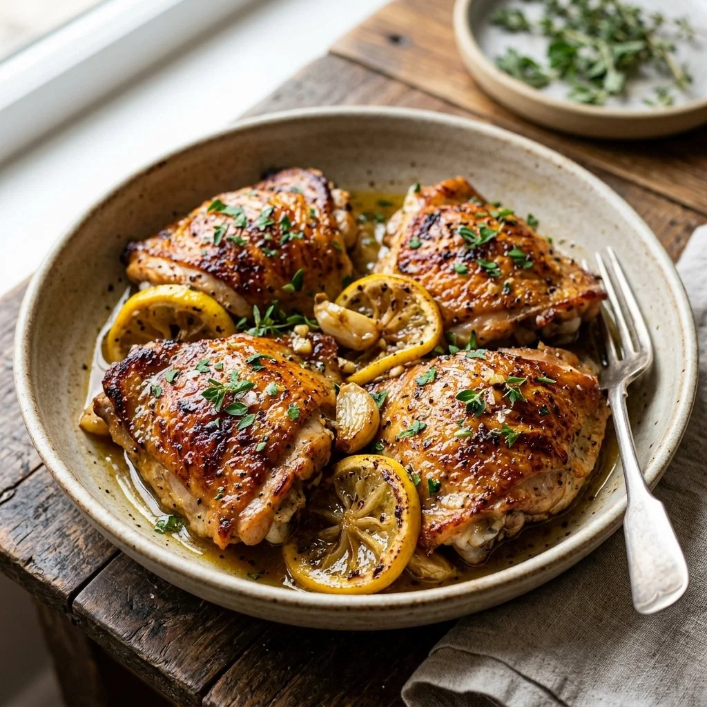 Tender Lemon Garlic Chicken thighs marinated for flavor