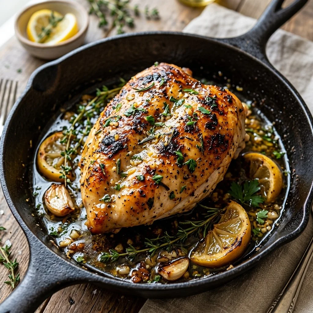 Lemon Garlic Herb Chicken beautifully plated with lemon slices and herbs.