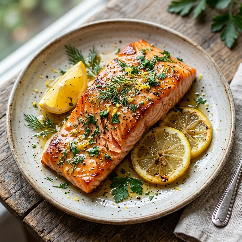 Plate of Lemon Herb Salmon garnished with herbs and lemon slices