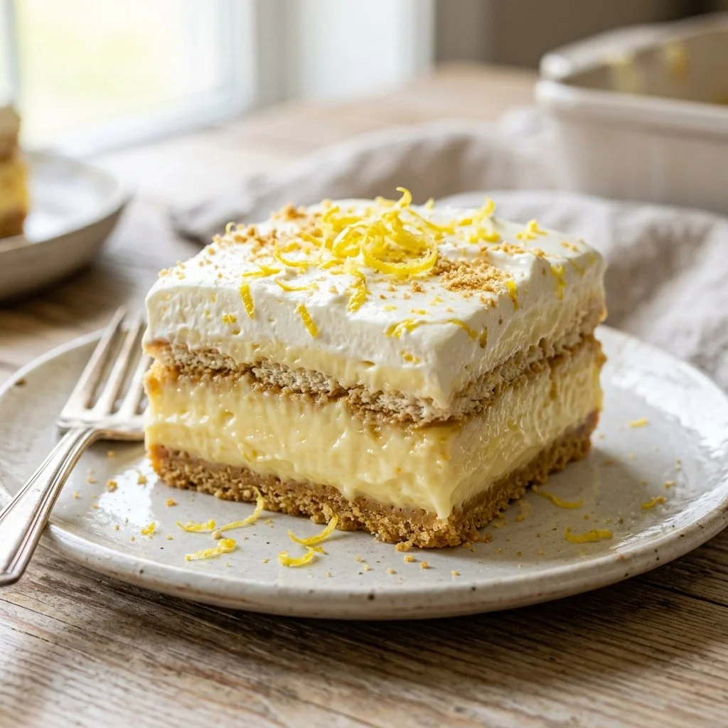 Sliced refreshing Lemon Icebox Cake served on a plate with lemon slices.