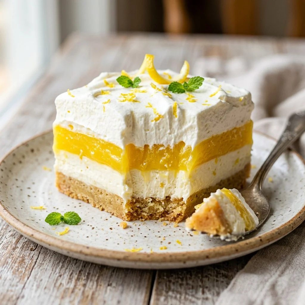 Delicious Lemon Lush dessert with layers of lemon cream and graham cracker crust