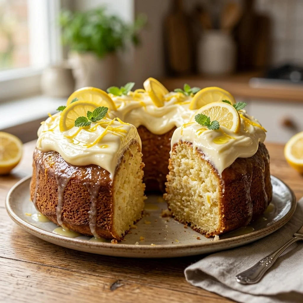 Slice of Lemon Mascarpone Cake with fresh lemon garnish