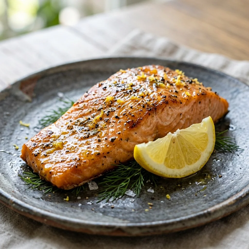 Delicious lemon pepper salmon served with fresh herbs and lemon slices.