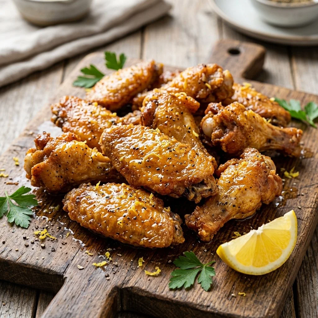 Crispy lemon pepper wings garnished with herbs and served with dipping sauce