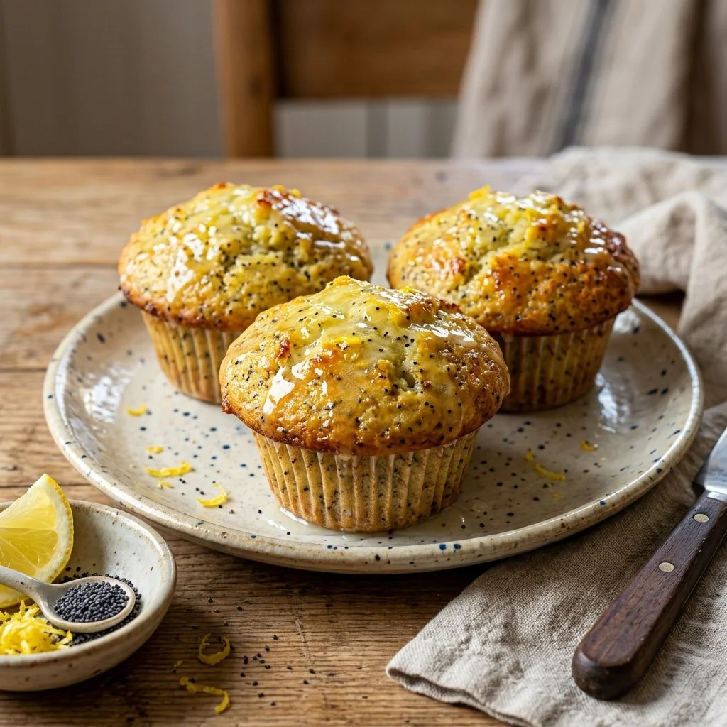 Freshly baked Lemon Poppy Seed Muffins on a wooden table