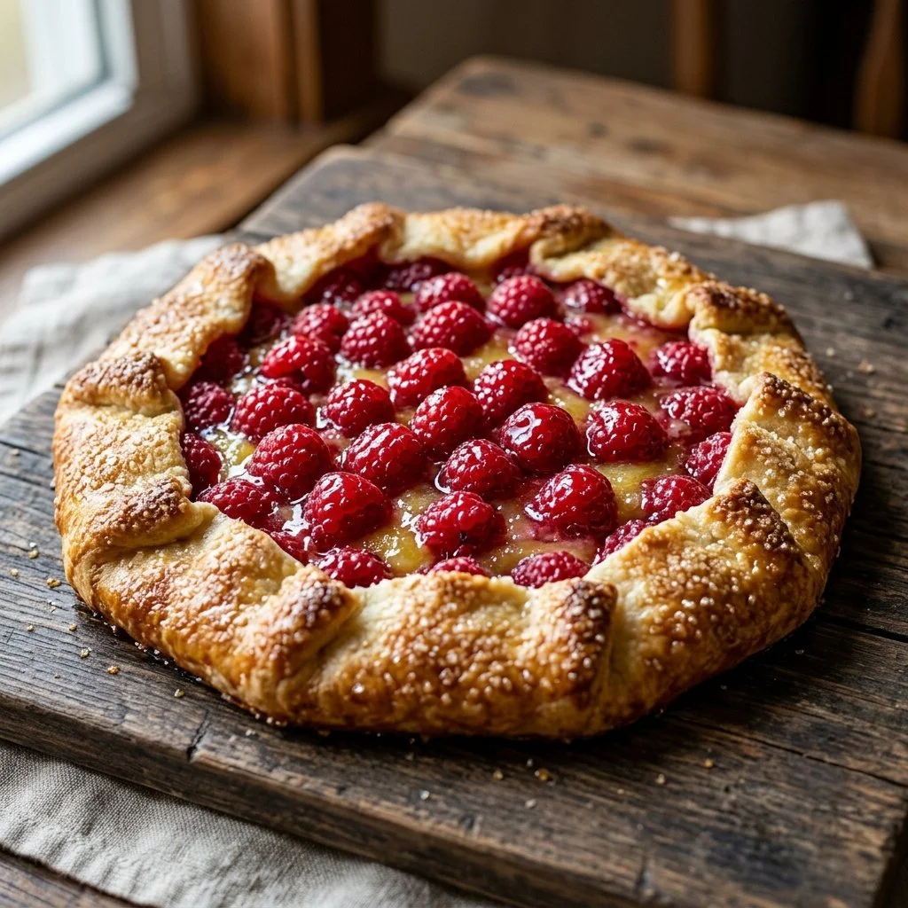 Lemon Raspberry Galette with fresh raspberries and lemon zest on a rustic pastry crust