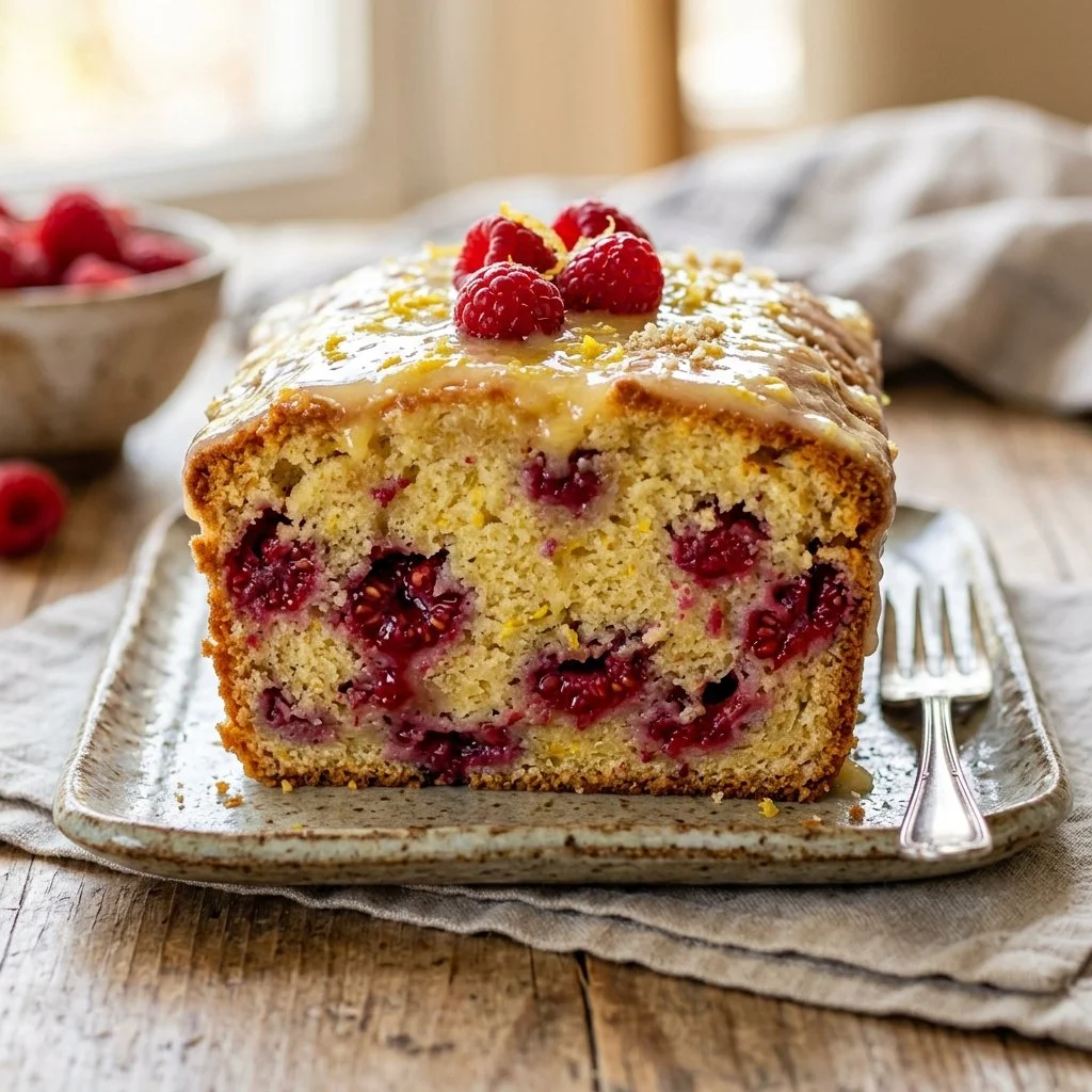 Delicious Lemon Raspberry Loaf with fresh raspberries and lemon zest