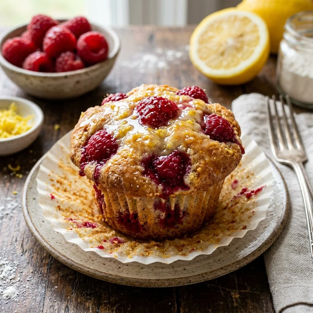 Freshly baked lemon raspberry muffins on a cooling rack
