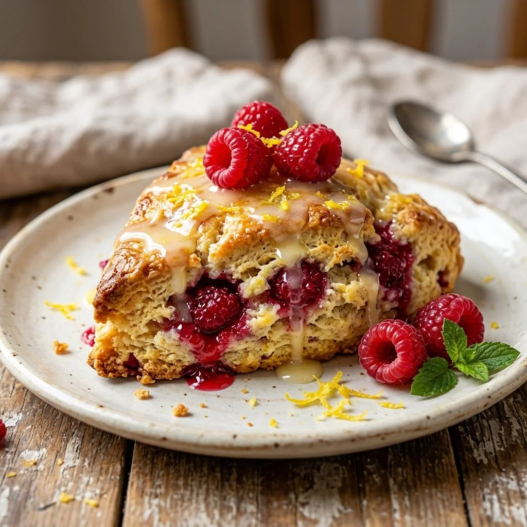 Homemade lemon raspberry scones with a golden crust and fresh berries.