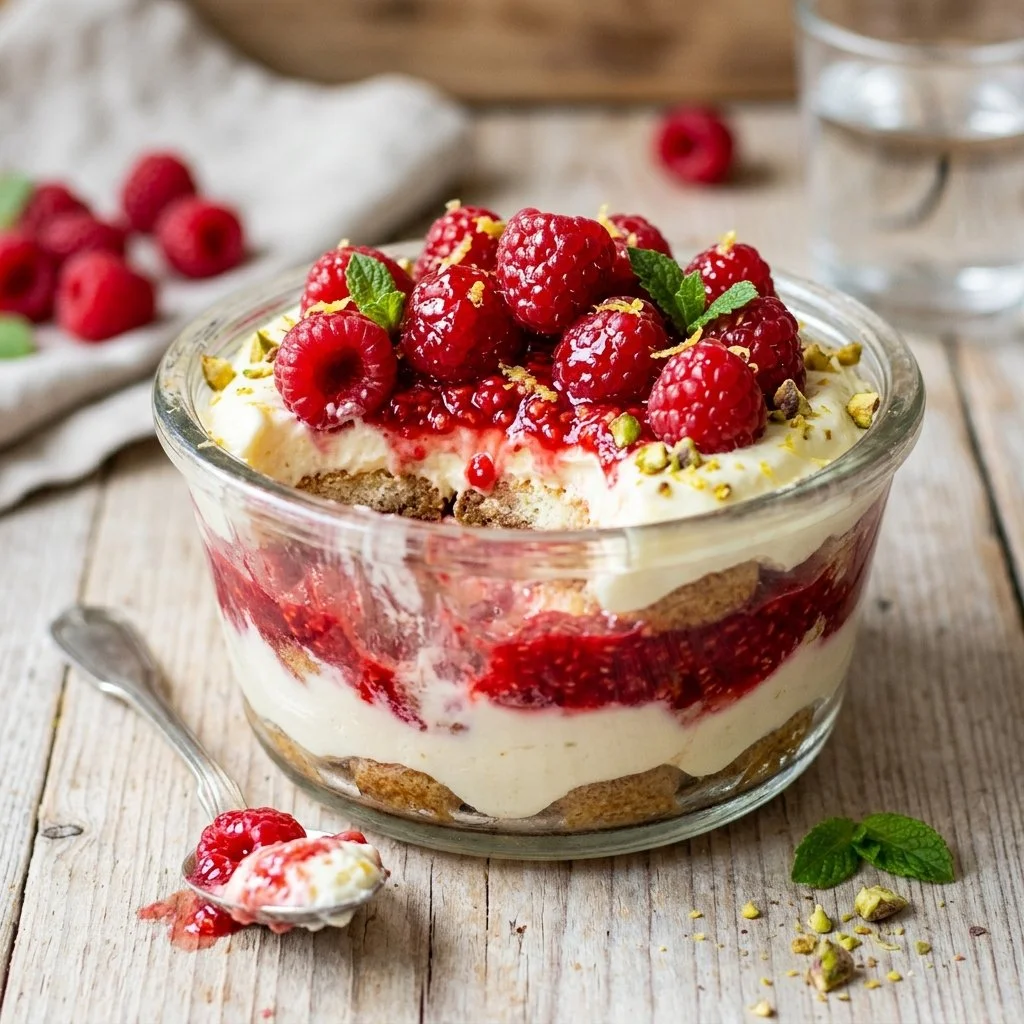 Delicious Lemon Raspberry Tiramisu dessert with layers of lemon and raspberry flavors.