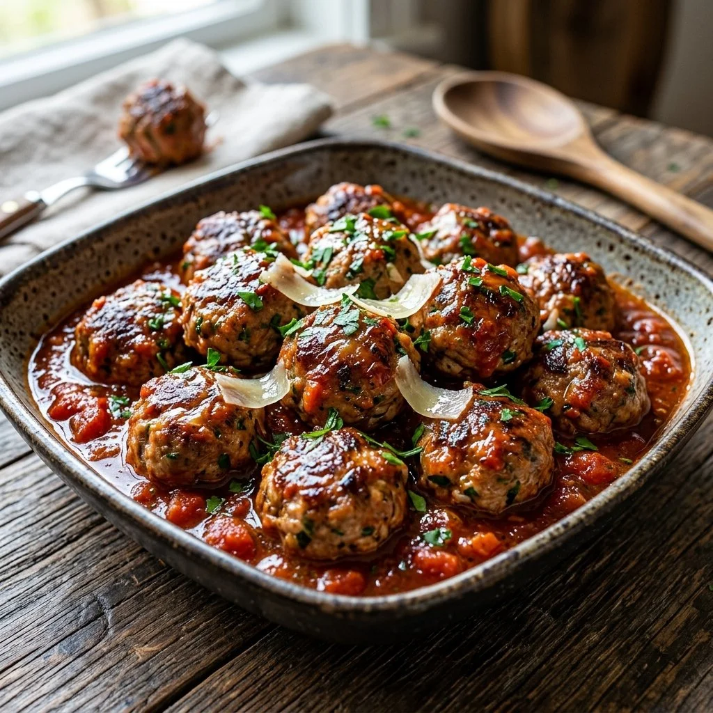 Delicious low carb turkey meatballs served with sauce on a plate
