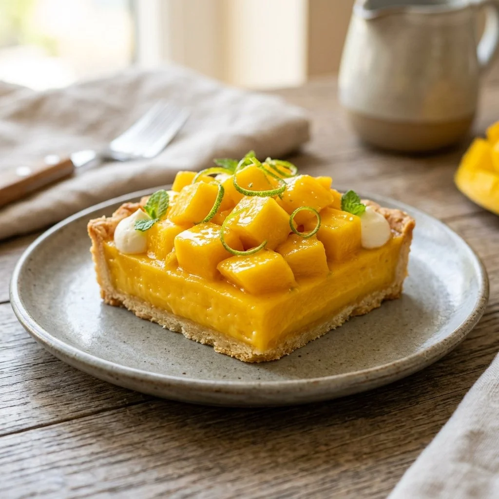Delicious Mango Lime Tart topped with fresh mango slices and lime zest