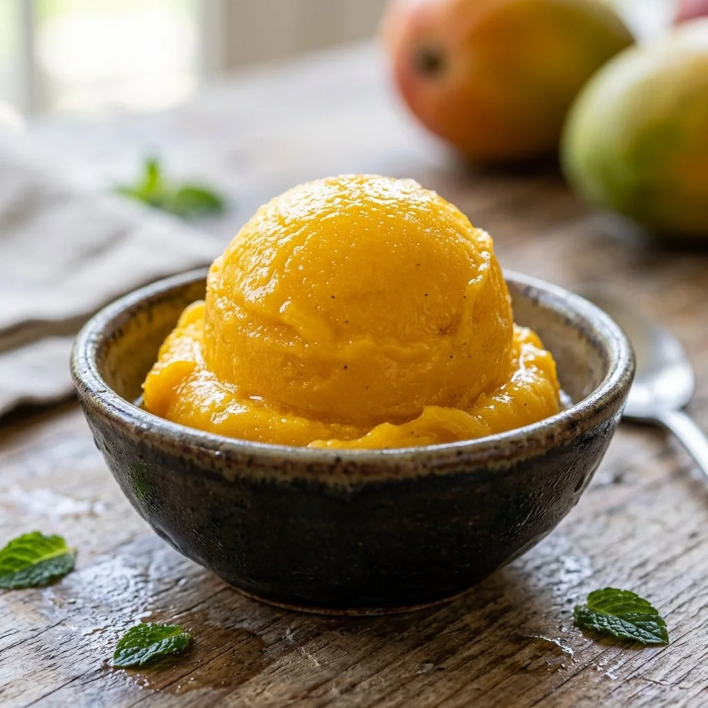 Refreshing homemade mango sorbet in a bowl with mint leaves