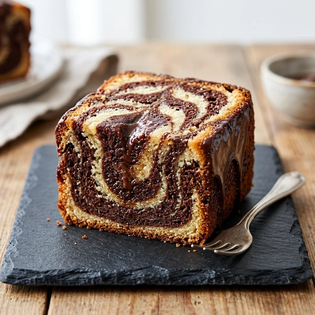 Delicious homemade Marble Cake with chocolate and vanilla layers