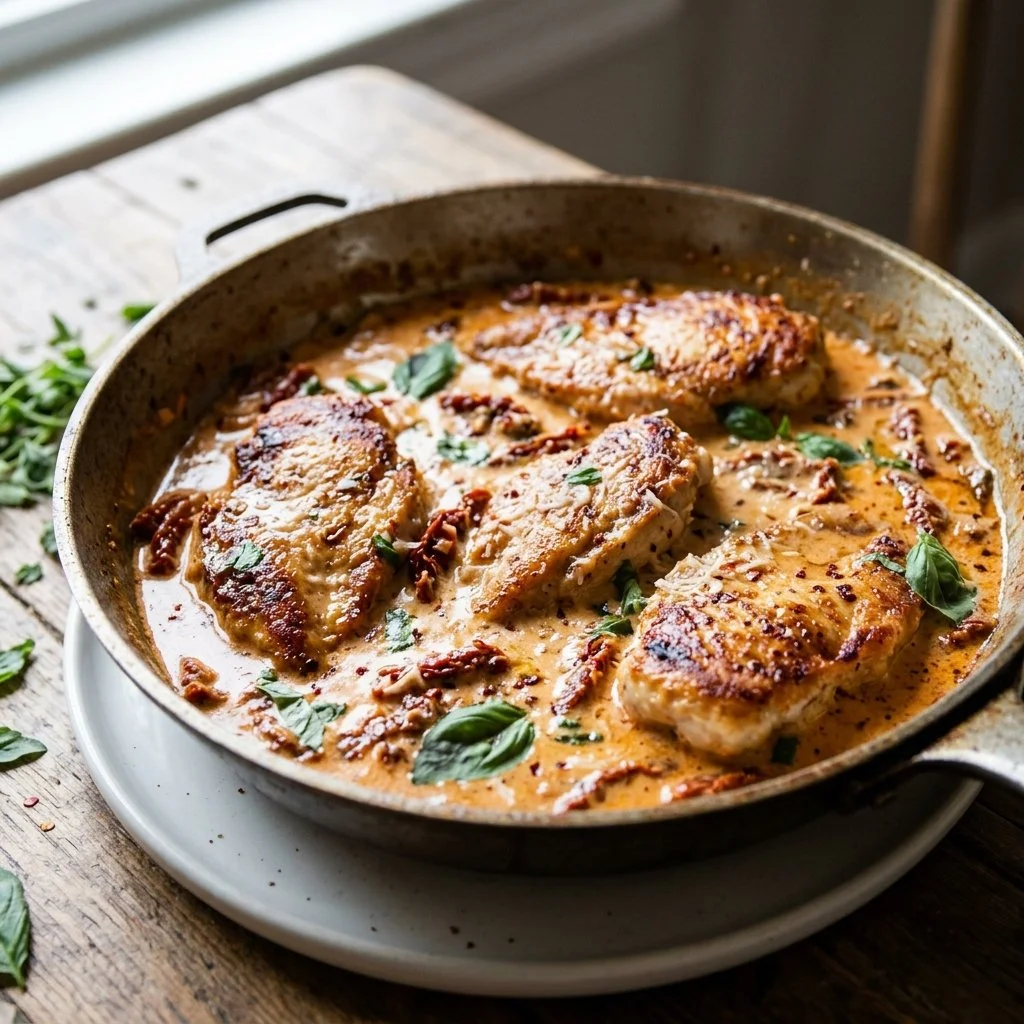 Creamy Marry Me Chicken served with herbs and garnished for a romantic dinner