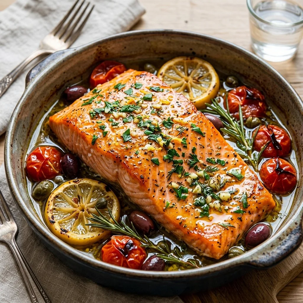 Mediterranean baked salmon with herbs and lemon in a rustic dish