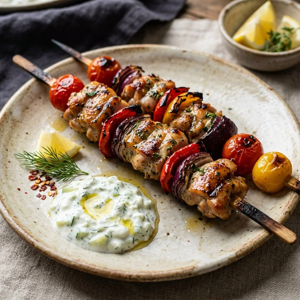 Grilled Mediterranean Chicken Kabobs served with fresh veggies and sauce.