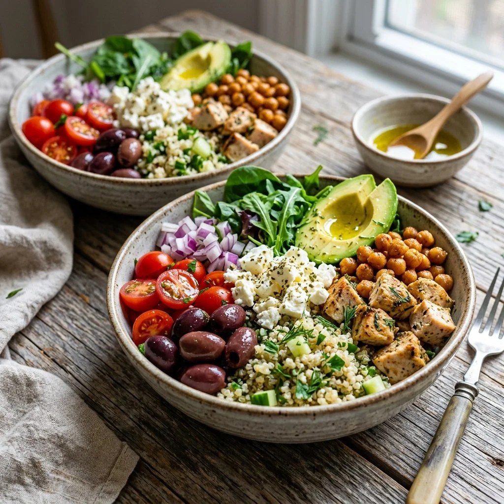 Colorful Mediterranean Power Bowls with fresh vegetables and grains